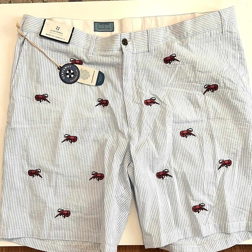 NWT Perils Seersucker Shorts - waist 42 - embroidered Perlis crawfish - NOLA